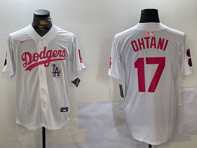 Men Los Angeles Dodgers #17 Ohtani White pink joint name 2024 Nike MLB Jersey style 10277